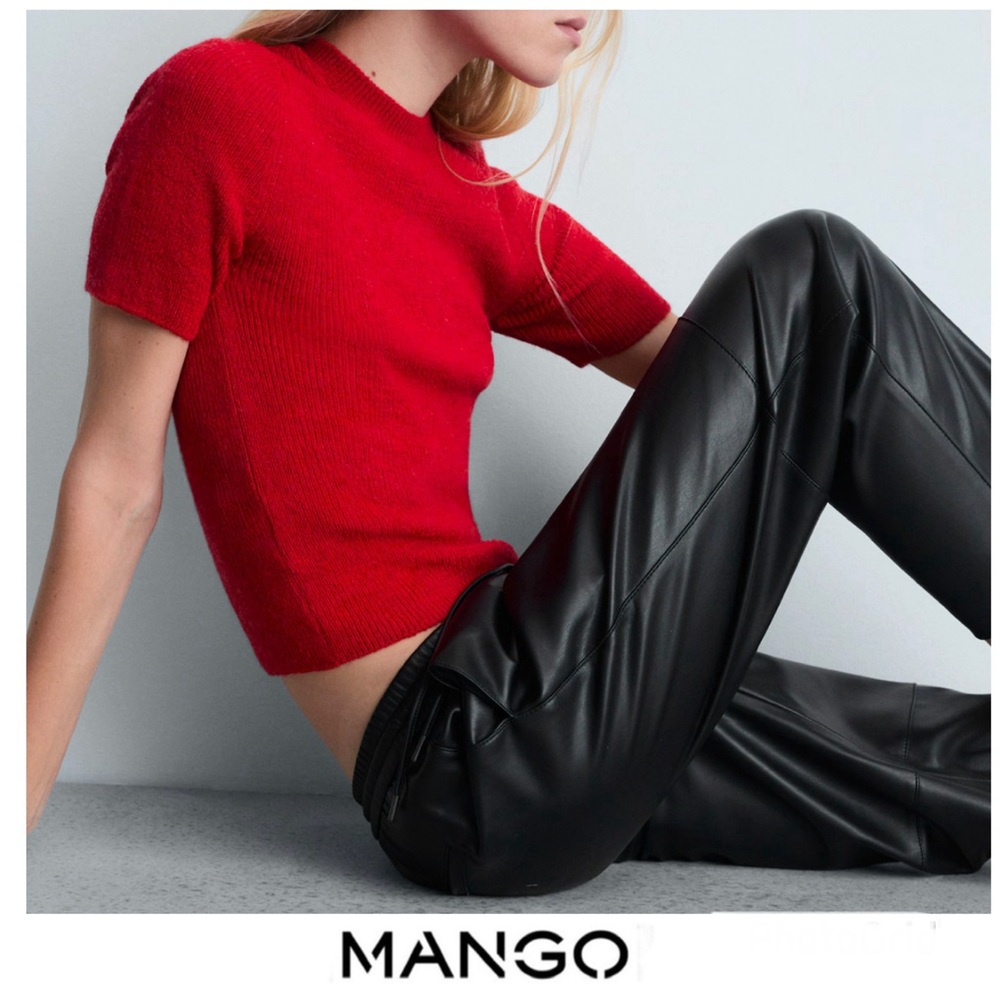 MANGO Black Faux Leather 100% Polyester High Waist Straight Leg Long Pants Sz 12
